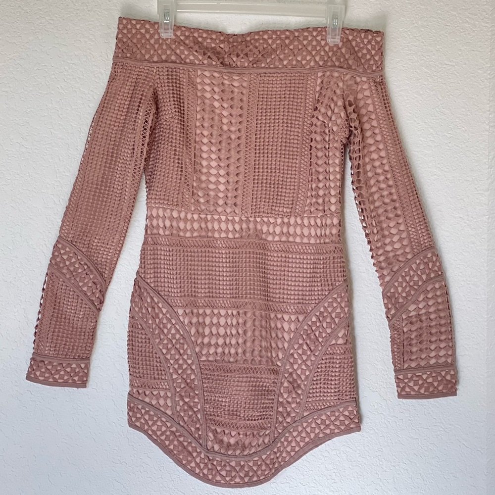 Pink Crochet Bodycon Off The Shoulder Long Sleeve Cocktail Dress